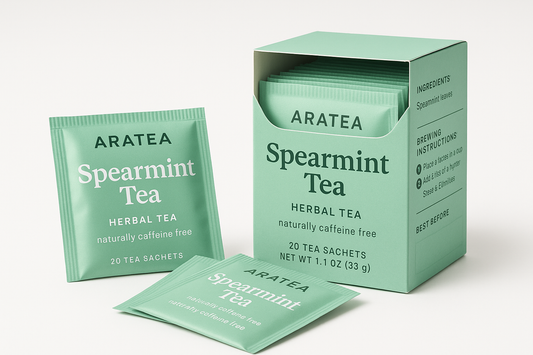 Packaging pratique Aratea thé à la menthe verte avec détails